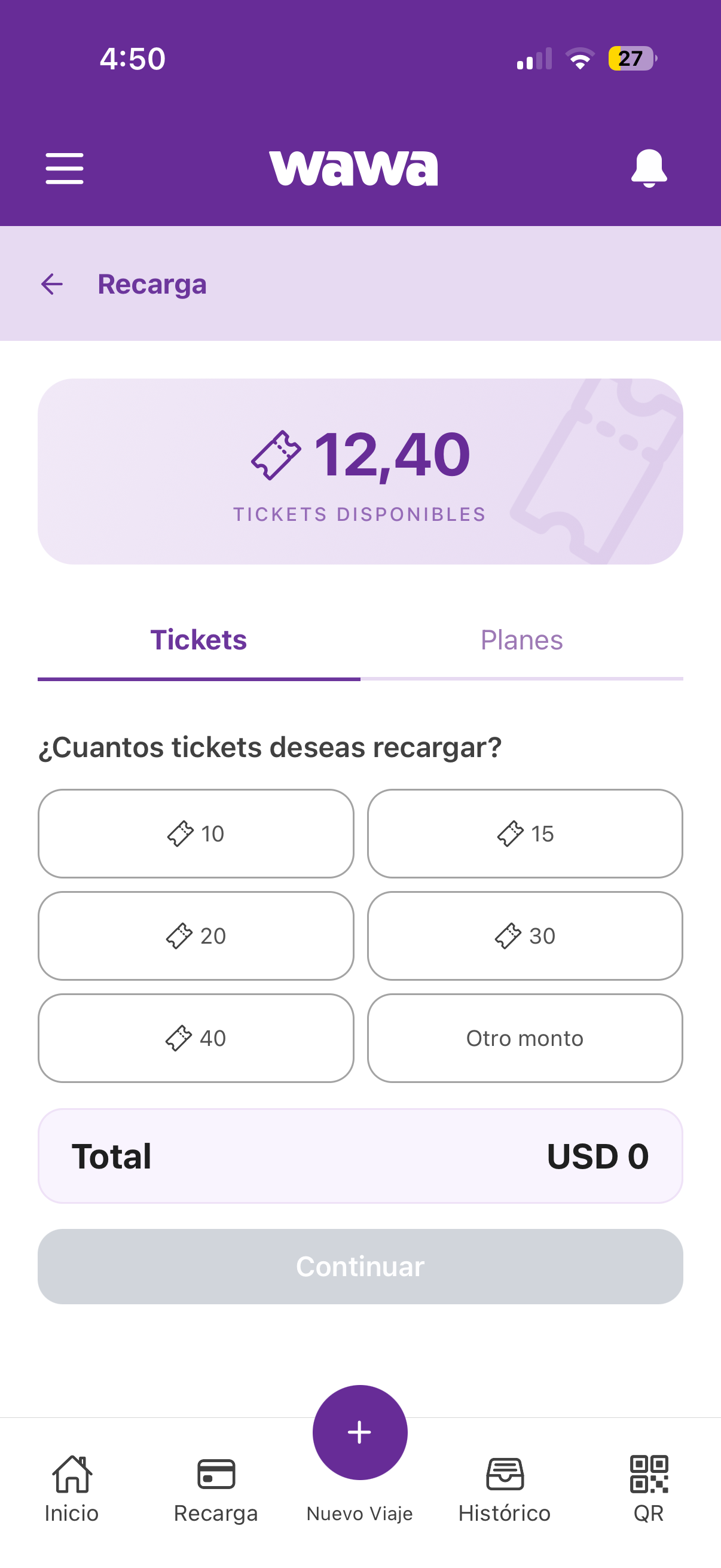Captura app paso 2: Recarga de saldo en Wawa