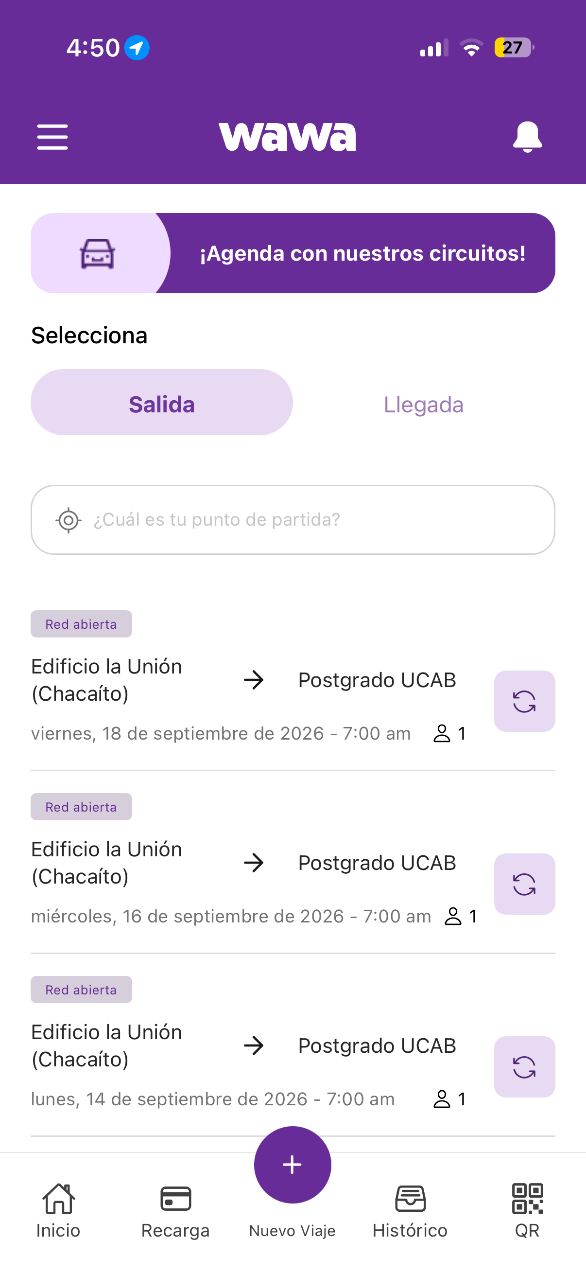 Captura app paso 3: Agenda tu circuito UCAB